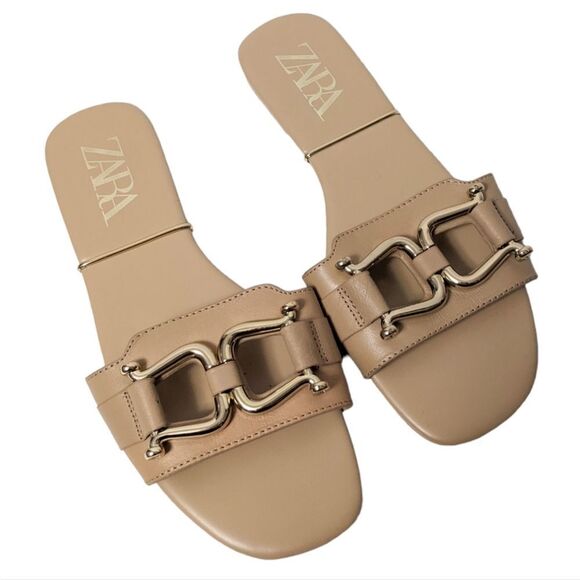 ZARA Leather Gold Saddle Hardware Flat Sandals 38 - Picture 5 of 5